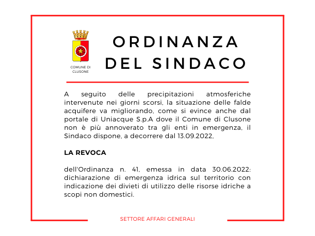 Revoca ordinanza sindacale n. 41: dichiarazione emergenza idrica